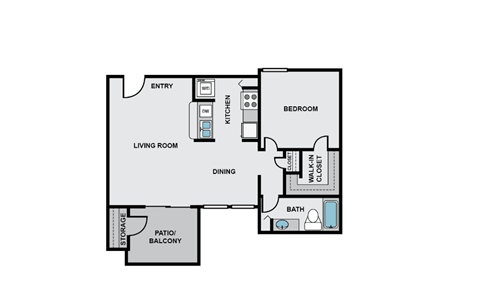 Floor plan for 1 bed, 1 bath, 686 sqft